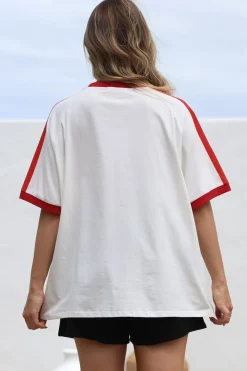 Long Live Cowgirls Tee - Graphic Print Short Sleeve T-Shirt with Racer Stripe Sleeves in White><noscript><img width=