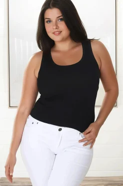 Lorena Ribbed Top - Scooped Neckline Thick Strap Ribbed Top in Black><noscript><img width=