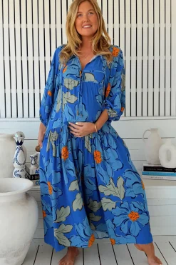 Loretta Maxi Dress - Yoke Bodice Tiered Dress with Lace Spliced Balloon Sleeves in Blue Bell Print>Jaase Sale