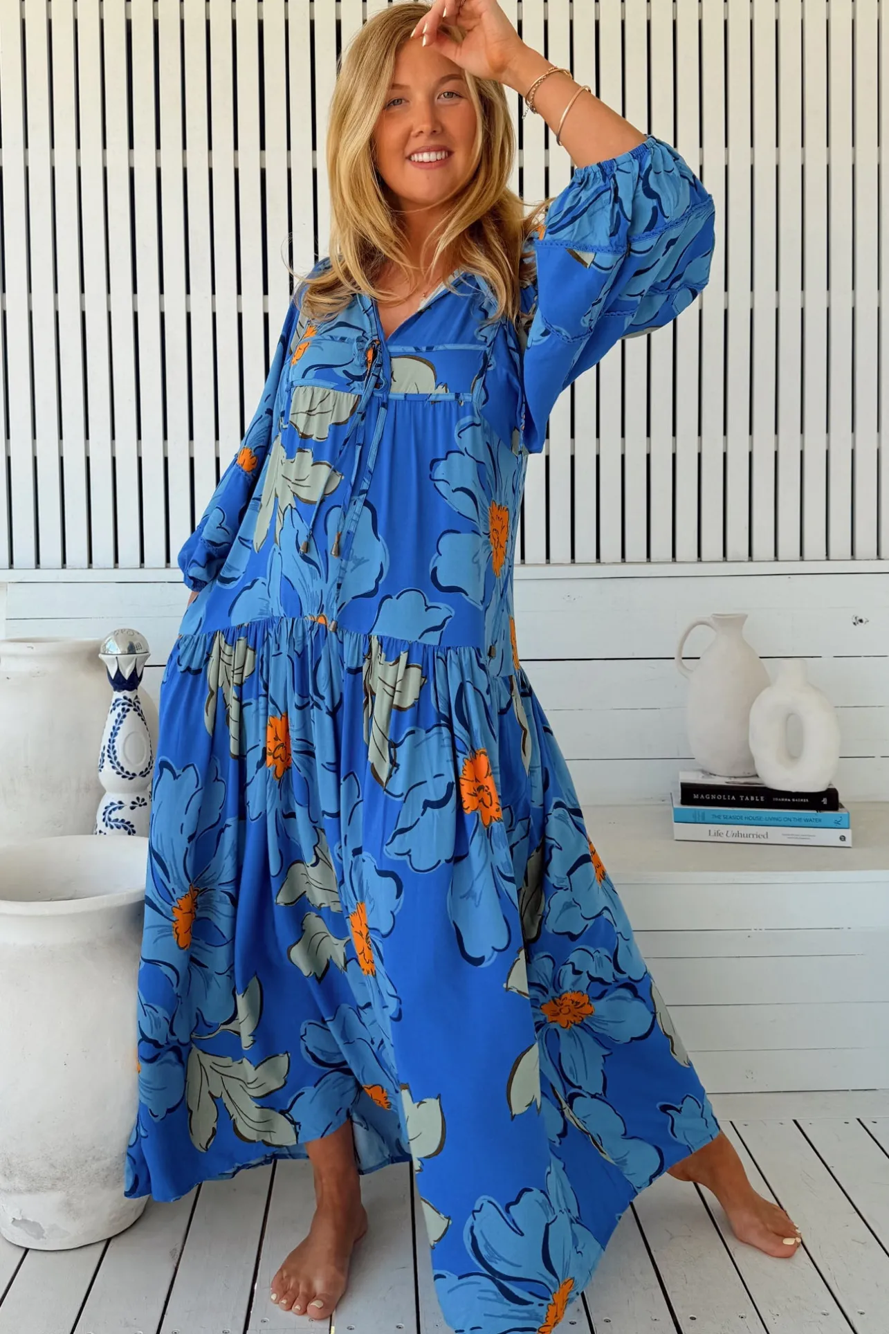Loretta Maxi Dress - Yoke Bodice Tiered Dress with Lace Spliced Balloon Sleeves in Blue Bell Print>Jaase Sale
