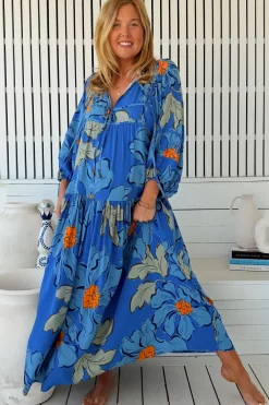 Loretta Maxi Dress - Yoke Bodice Tiered Dress with Lace Spliced Balloon Sleeves in Blue Bell Print><noscript><img width=