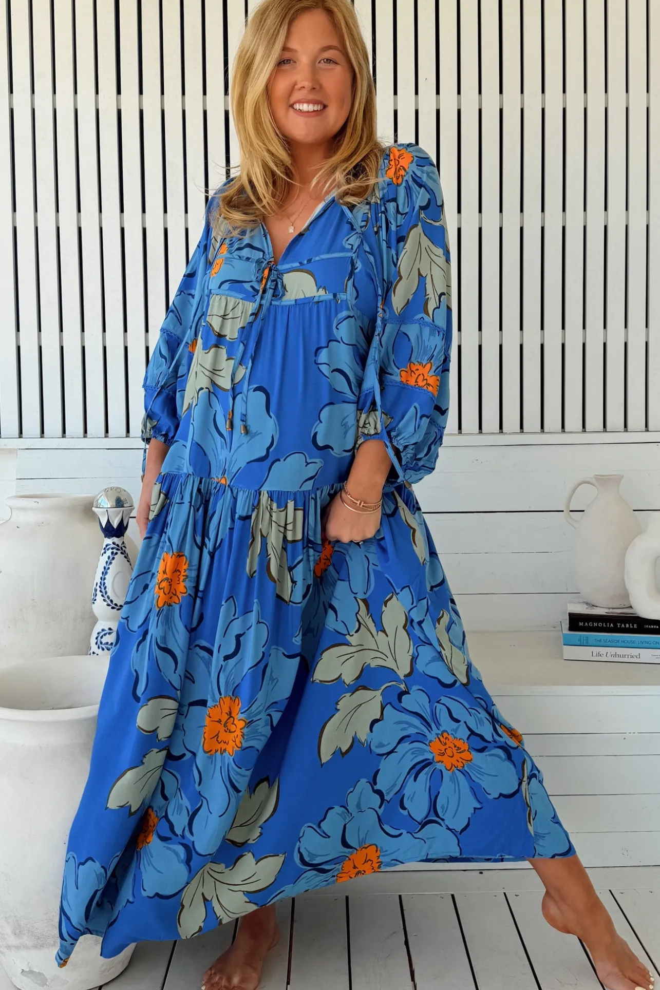 Loretta Maxi Dress - Yoke Bodice Tiered Dress with Lace Spliced Balloon Sleeves in Blue Bell Print>Jaase Sale