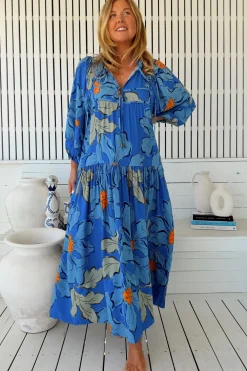 Loretta Maxi Dress - Yoke Bodice Tiered Dress with Lace Spliced Balloon Sleeves in Blue Bell Print><noscript><img width=