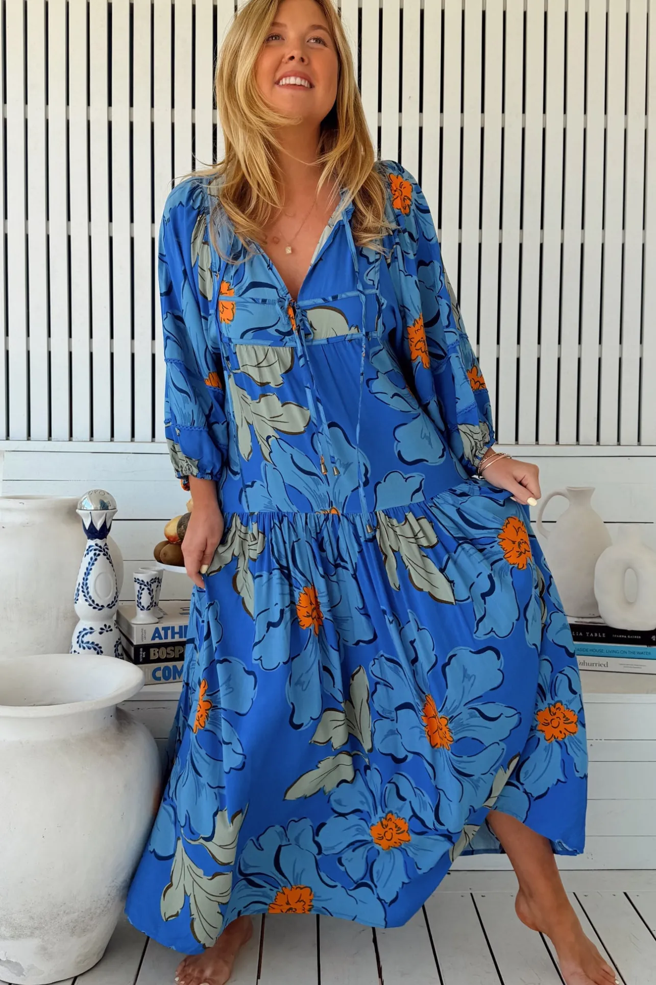 Loretta Maxi Dress - Yoke Bodice Tiered Dress with Lace Spliced Balloon Sleeves in Blue Bell Print>Jaase Sale