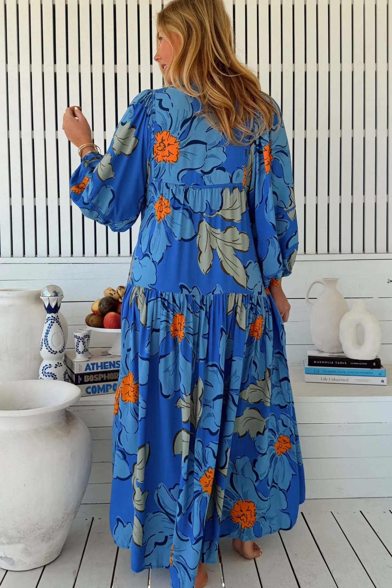 Loretta Maxi Dress - Yoke Bodice Tiered Dress with Lace Spliced Balloon Sleeves in Blue Bell Print>Jaase Sale