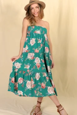 Louise Maxi Skirt/Midi Dress - Shirred Waistband Tiered Skirt or Dress in Floral Print>Salty Crush Clearance