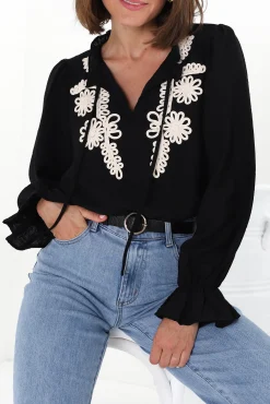 Lucian Blouse - Frill Neckline Pull Over Floral Decal Blouse in Black>Salty Crush Online