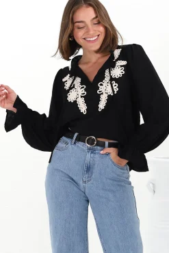 Lucian Blouse - Frill Neckline Pull Over Floral Decal Blouse in Black>Salty Crush Online
