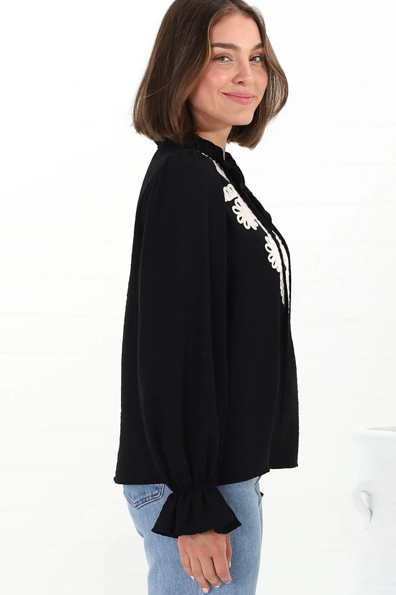 Lucian Blouse - Frill Neckline Pull Over Floral Decal Blouse in Black>Salty Crush Online