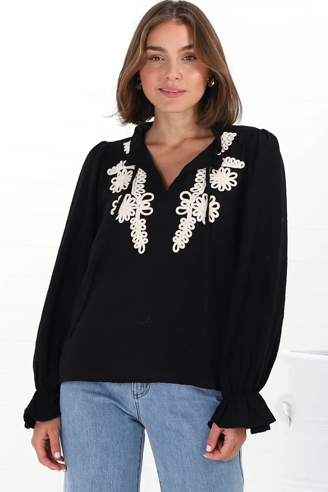 Lucian Blouse - Frill Neckline Pull Over Floral Decal Blouse in Black>Salty Crush Online