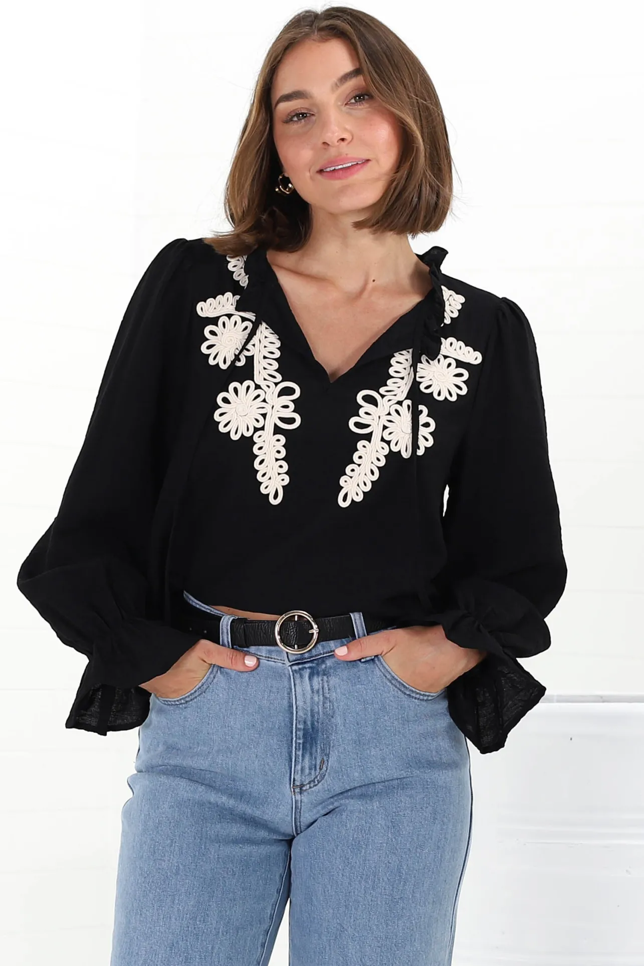 Lucian Blouse - Frill Neckline Pull Over Floral Decal Blouse in Black>Salty Crush Online