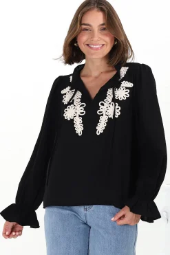 Lucian Blouse - Frill Neckline Pull Over Floral Decal Blouse in Black><noscript><img width=