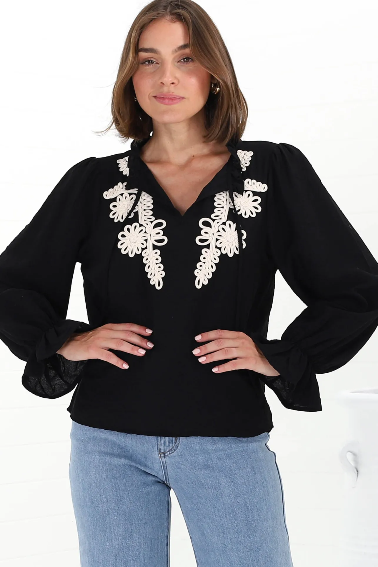 Lucian Blouse - Frill Neckline Pull Over Floral Decal Blouse in Black>Salty Crush Online