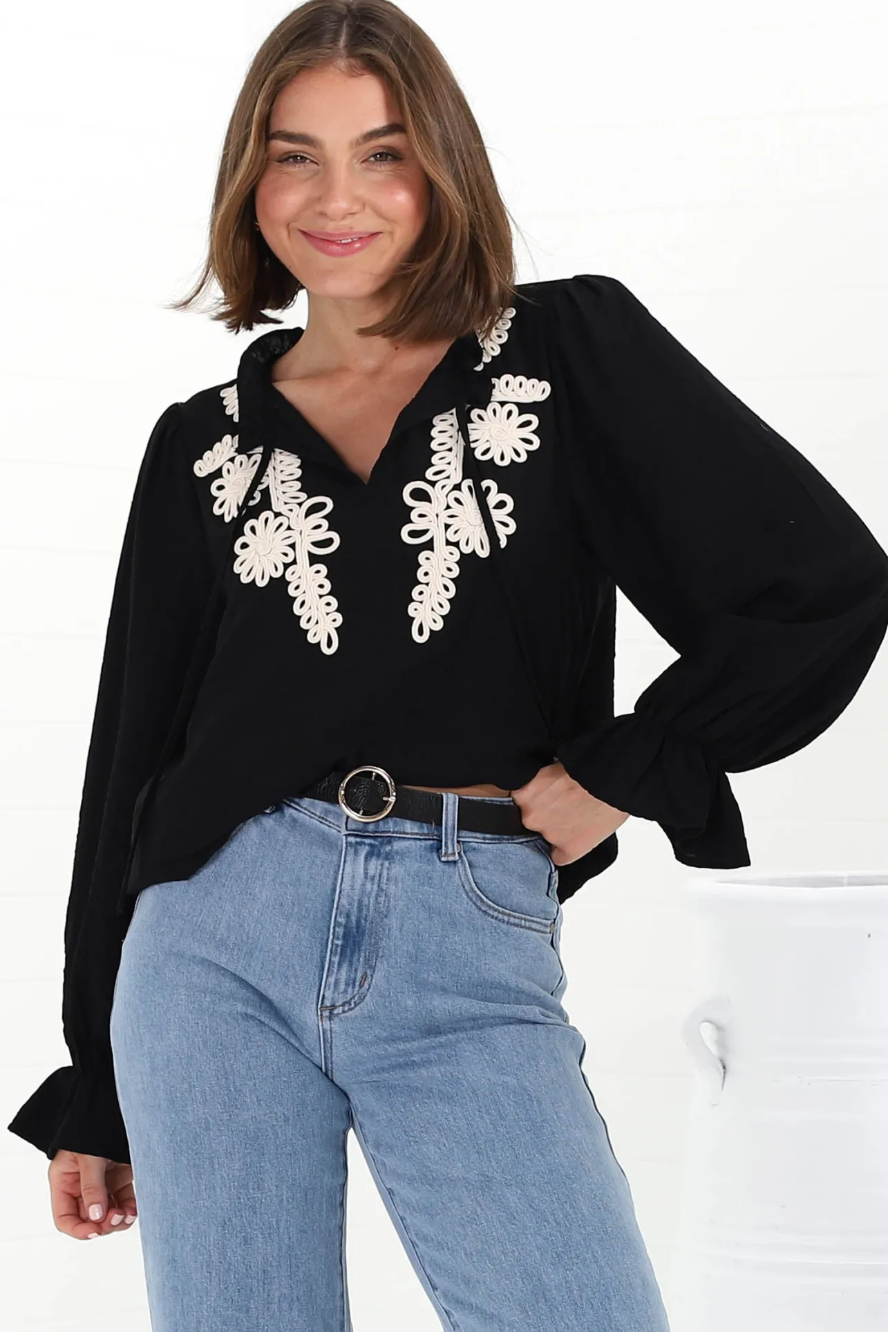 Lucian Blouse - Frill Neckline Pull Over Floral Decal Blouse in Black>Salty Crush Online