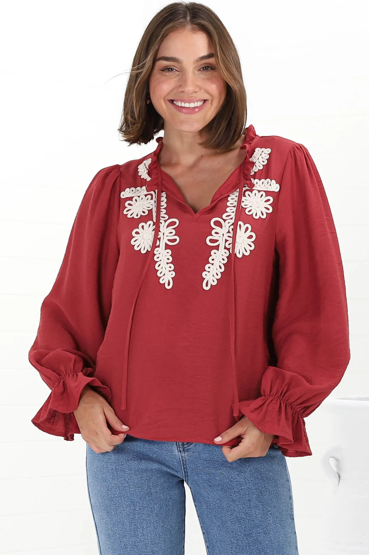 Lucian Blouse - Frill Neckline Pull Over Floral Decal Blouse in Red>Salty Crush Discount