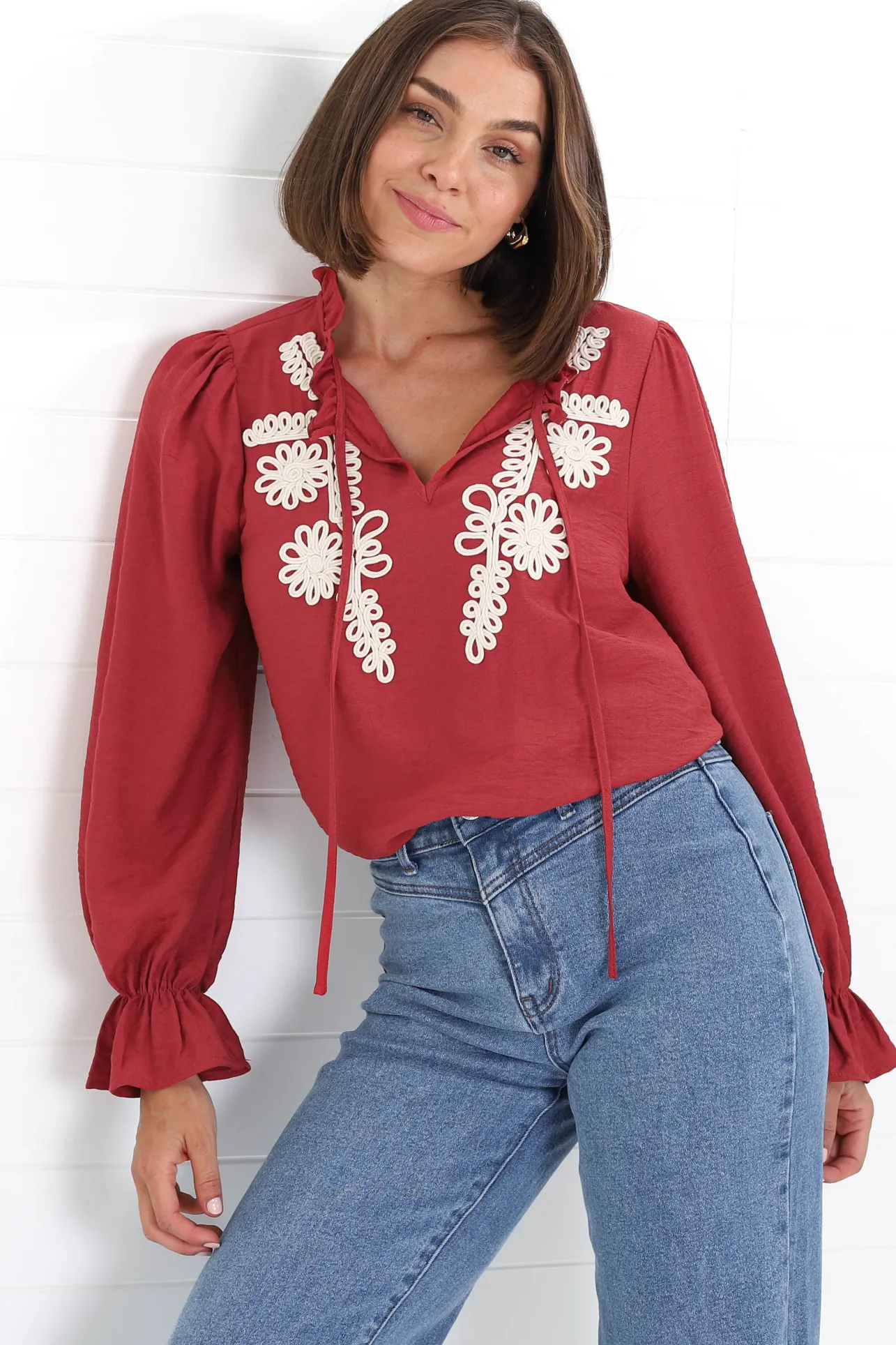 Lucian Blouse - Frill Neckline Pull Over Floral Decal Blouse in Red>Salty Crush Discount