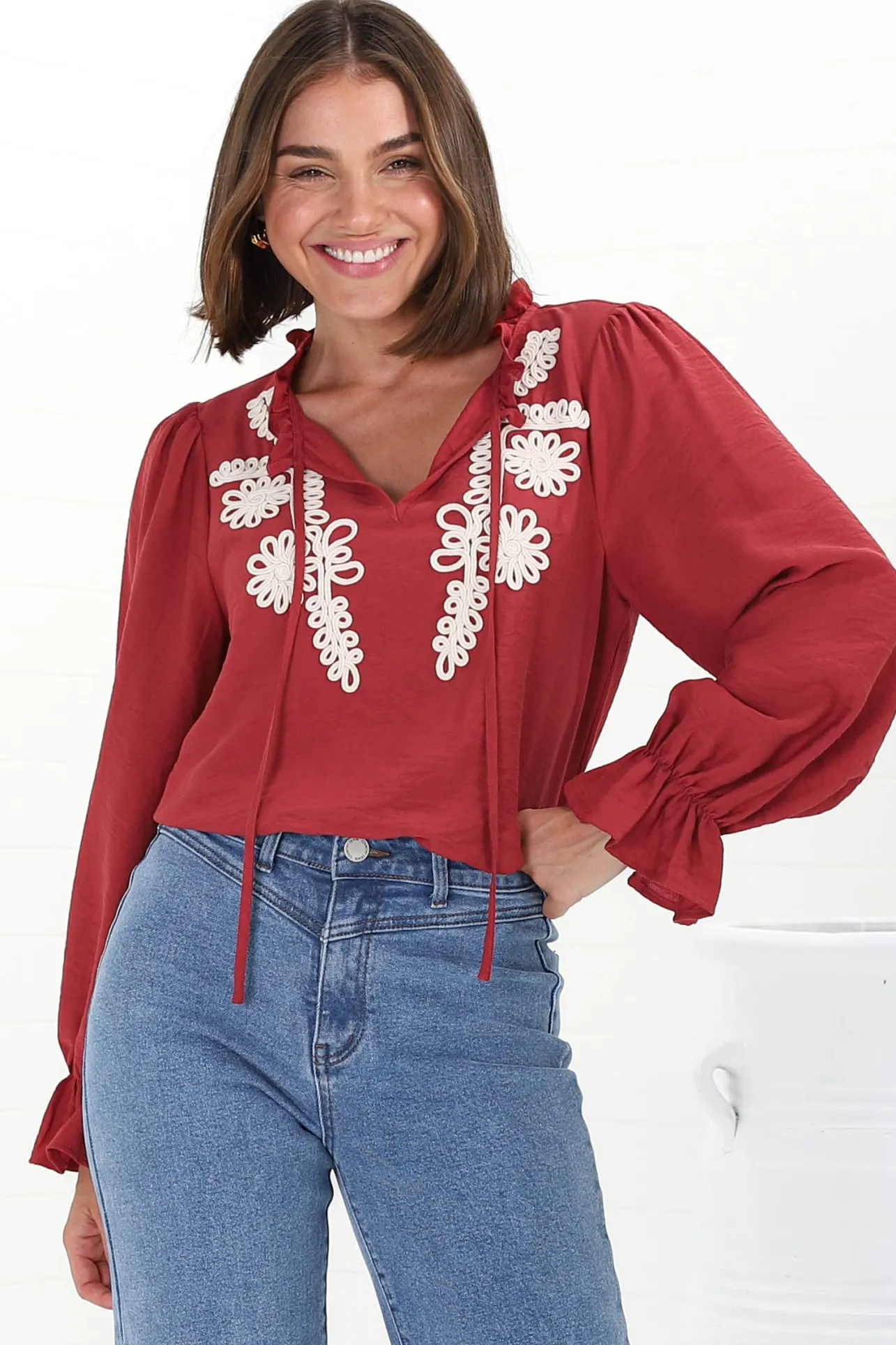 Lucian Blouse - Frill Neckline Pull Over Floral Decal Blouse in Red>Salty Crush Discount