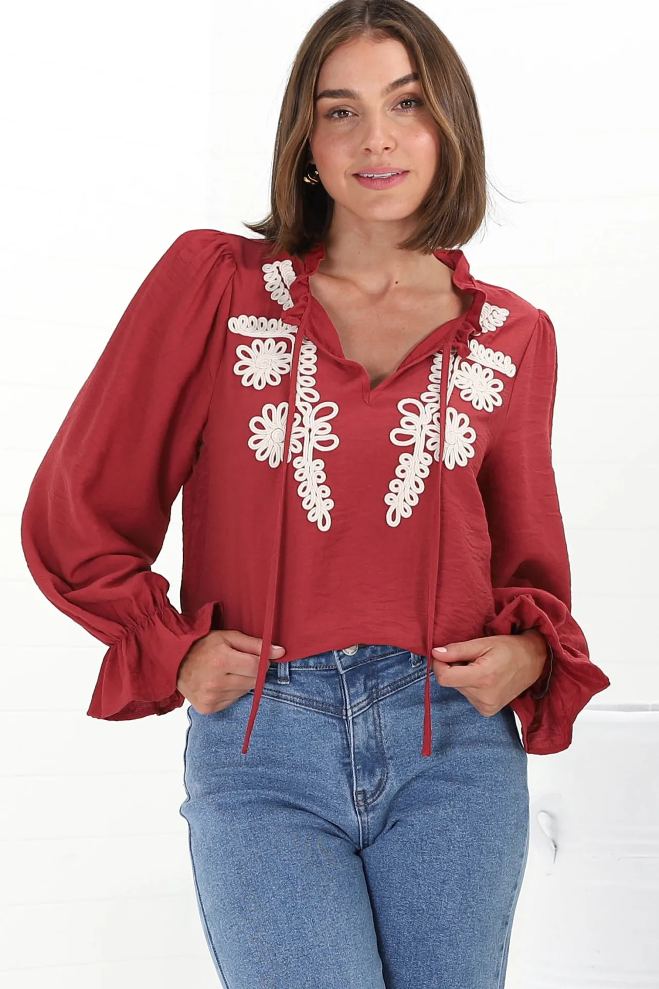 Lucian Blouse - Frill Neckline Pull Over Floral Decal Blouse in Red>Salty Crush Discount