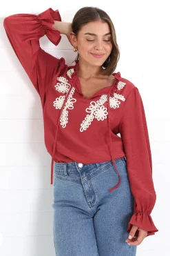 Lucian Blouse - Frill Neckline Pull Over Floral Decal Blouse in Red><noscript><img width=