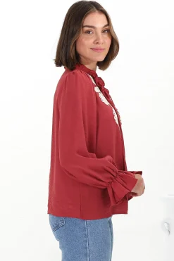 Lucian Blouse - Frill Neckline Pull Over Floral Decal Blouse in Red><noscript><img width=