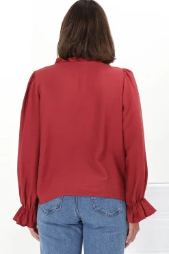 Lucian Blouse - Frill Neckline Pull Over Floral Decal Blouse in Red><noscript><img width=