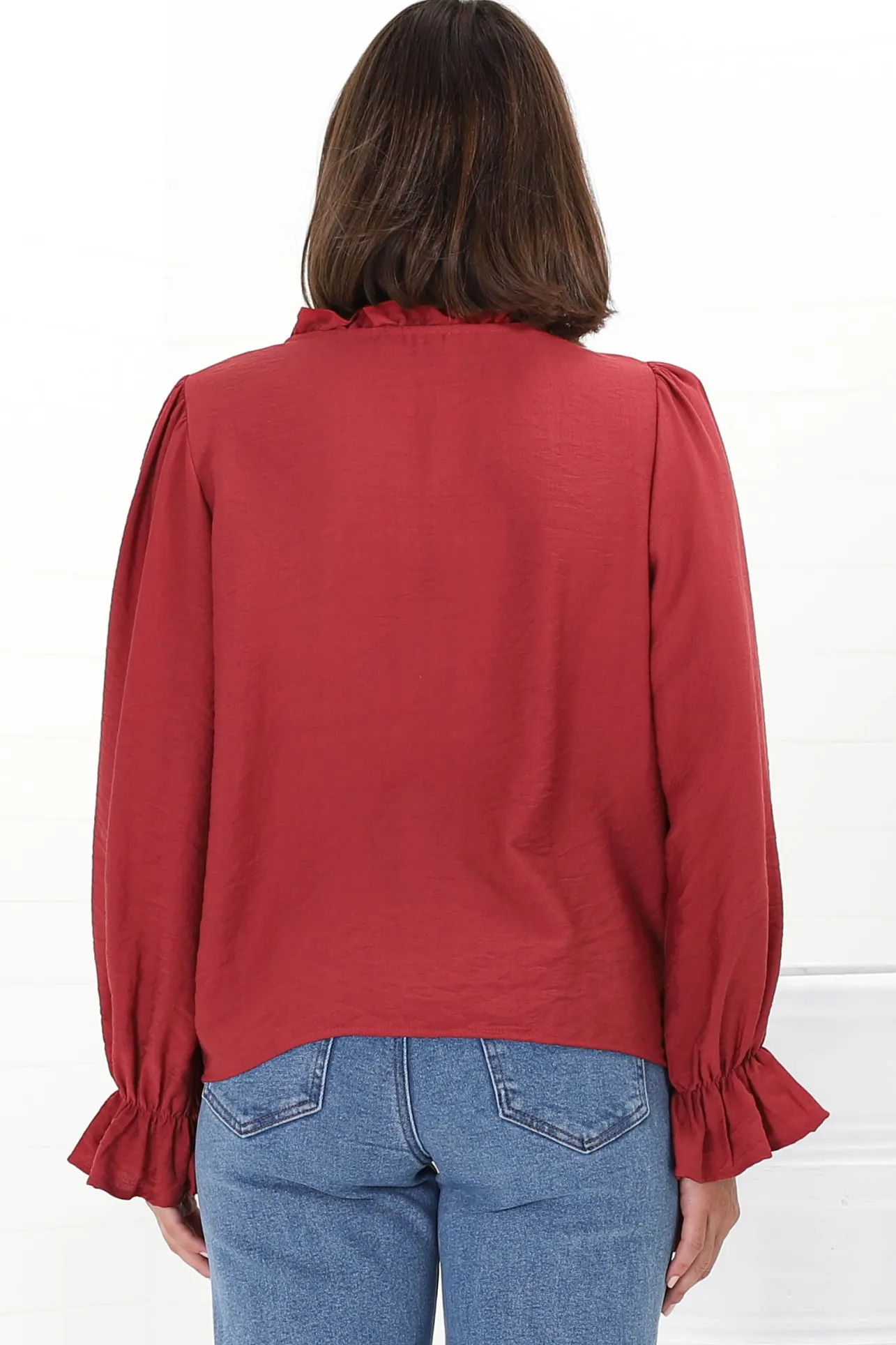 Lucian Blouse - Frill Neckline Pull Over Floral Decal Blouse in Red>Salty Crush Discount
