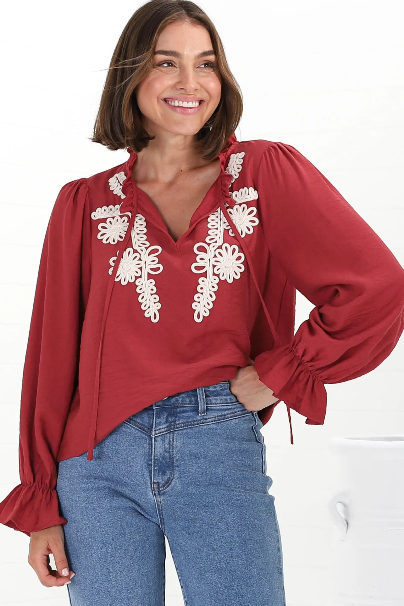 Lucian Blouse - Frill Neckline Pull Over Floral Decal Blouse in Red>Salty Crush Discount