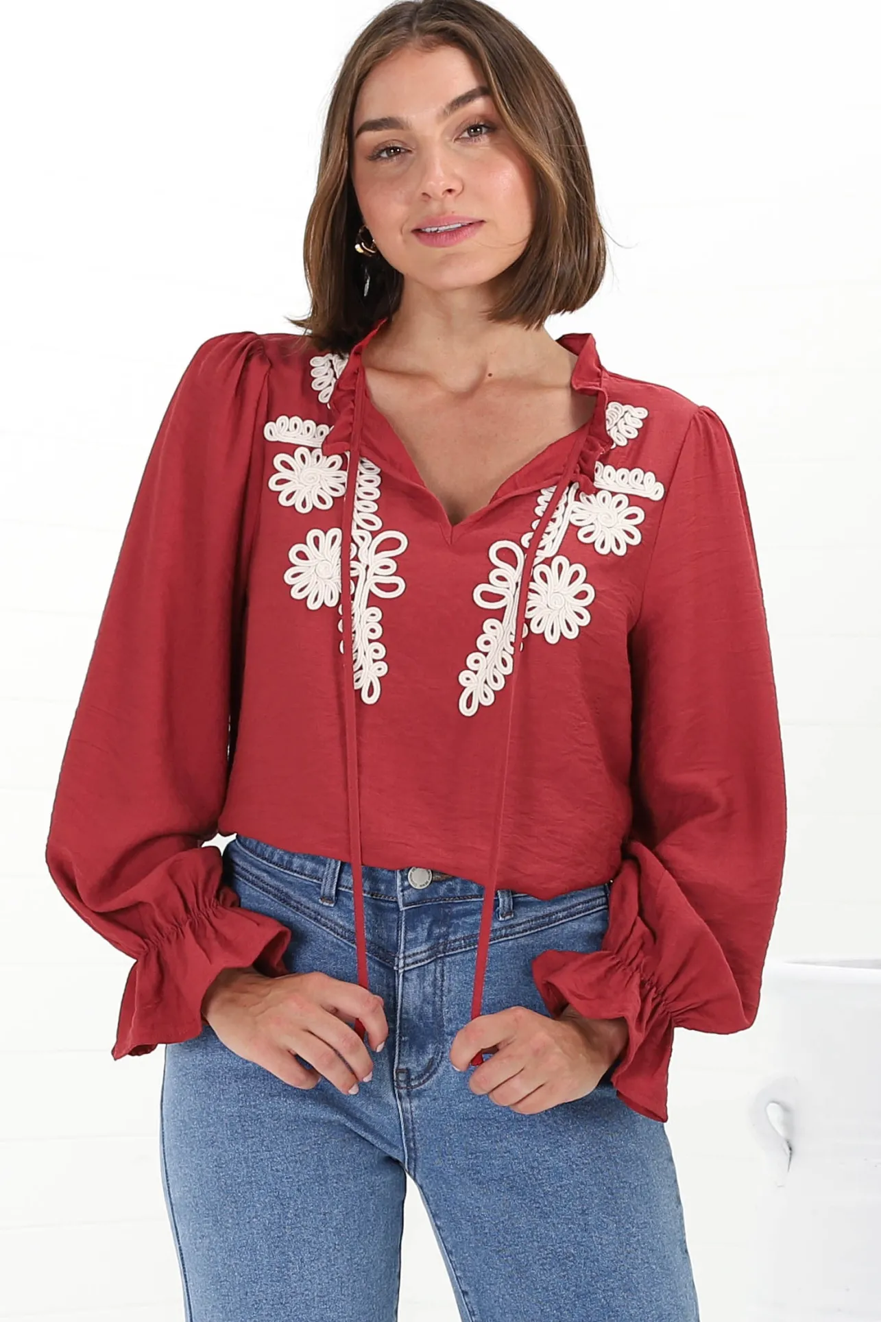Lucian Blouse - Frill Neckline Pull Over Floral Decal Blouse in Red>Salty Crush Discount