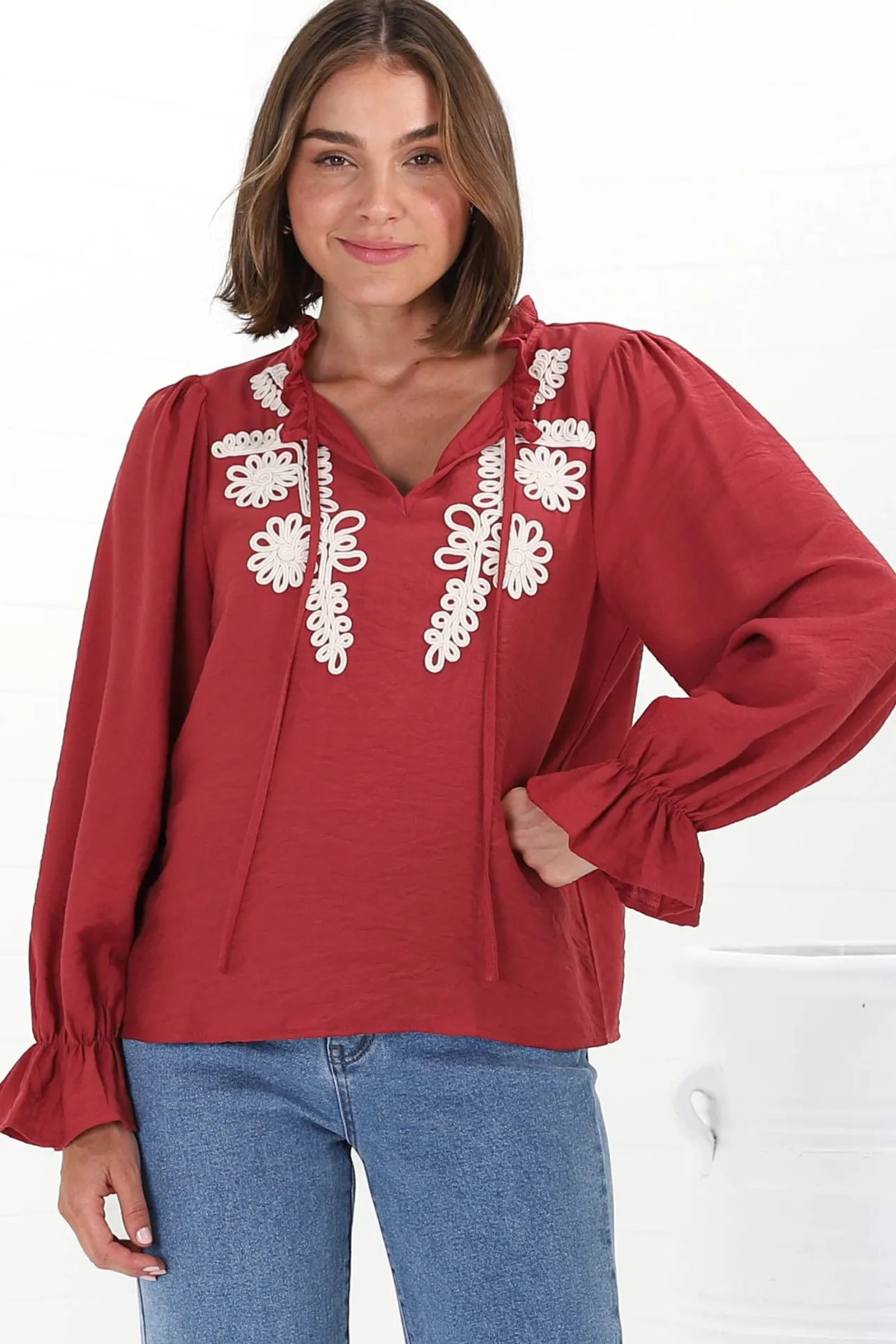 Lucian Blouse - Frill Neckline Pull Over Floral Decal Blouse in Red>Salty Crush Discount