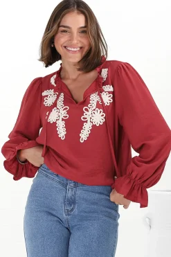 Lucian Blouse - Frill Neckline Pull Over Floral Decal Blouse in Red><noscript><img width=