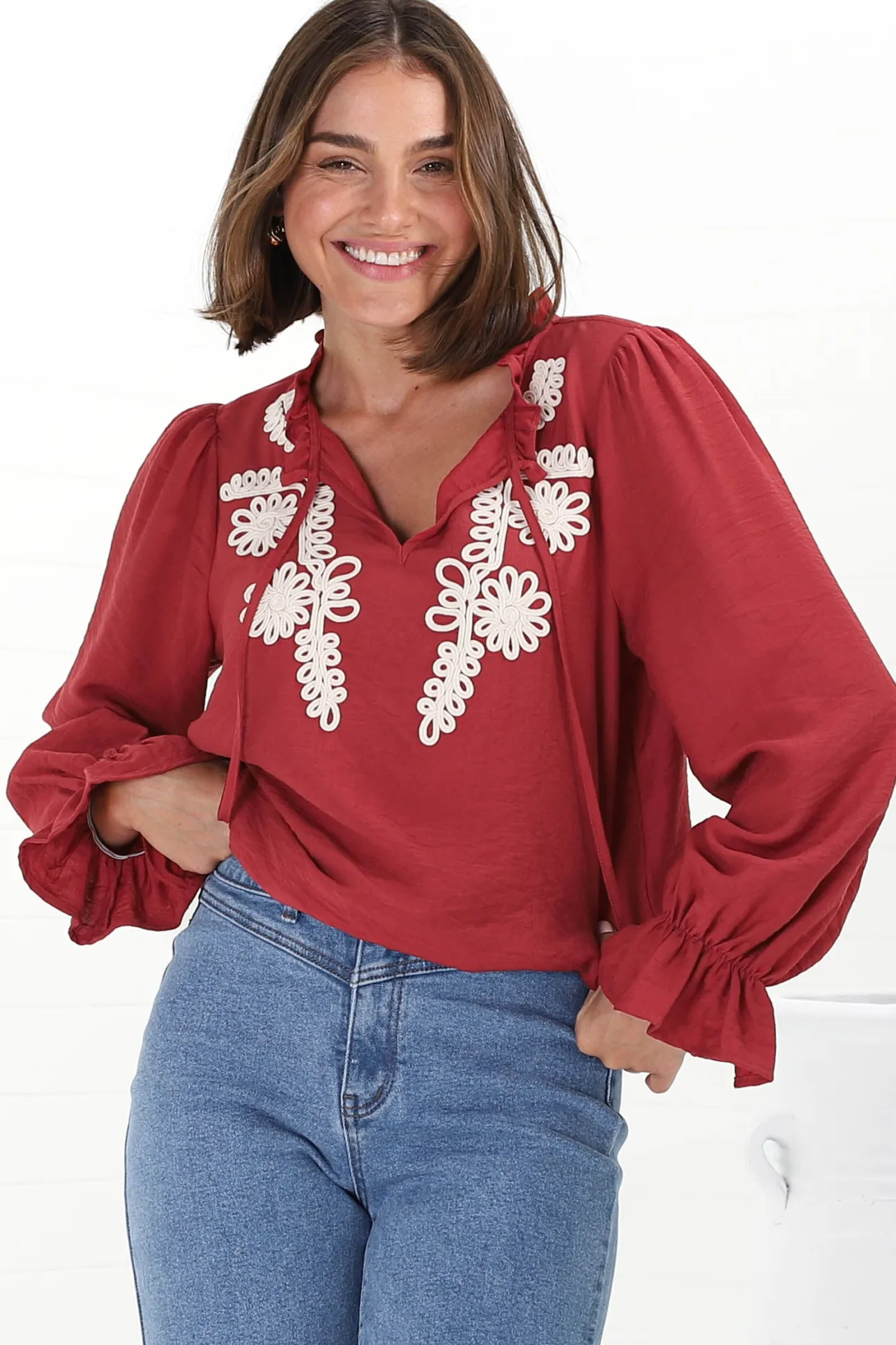 Lucian Blouse - Frill Neckline Pull Over Floral Decal Blouse in Red>Salty Crush Discount