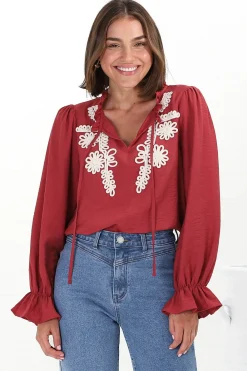 Lucian Blouse - Frill Neckline Pull Over Floral Decal Blouse in Red><noscript><img width=