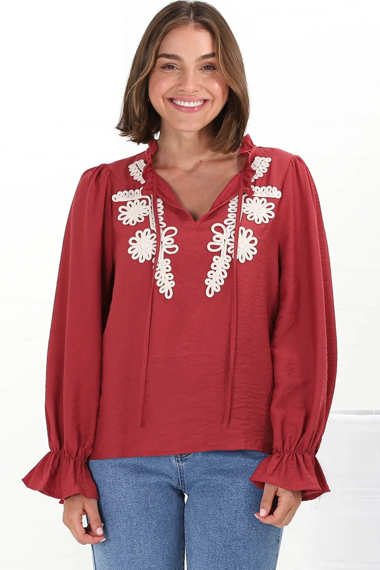 Lucian Blouse - Frill Neckline Pull Over Floral Decal Blouse in Red>Salty Crush Discount