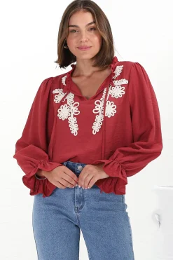 Lucian Blouse - Frill Neckline Pull Over Floral Decal Blouse in Red><noscript><img width=