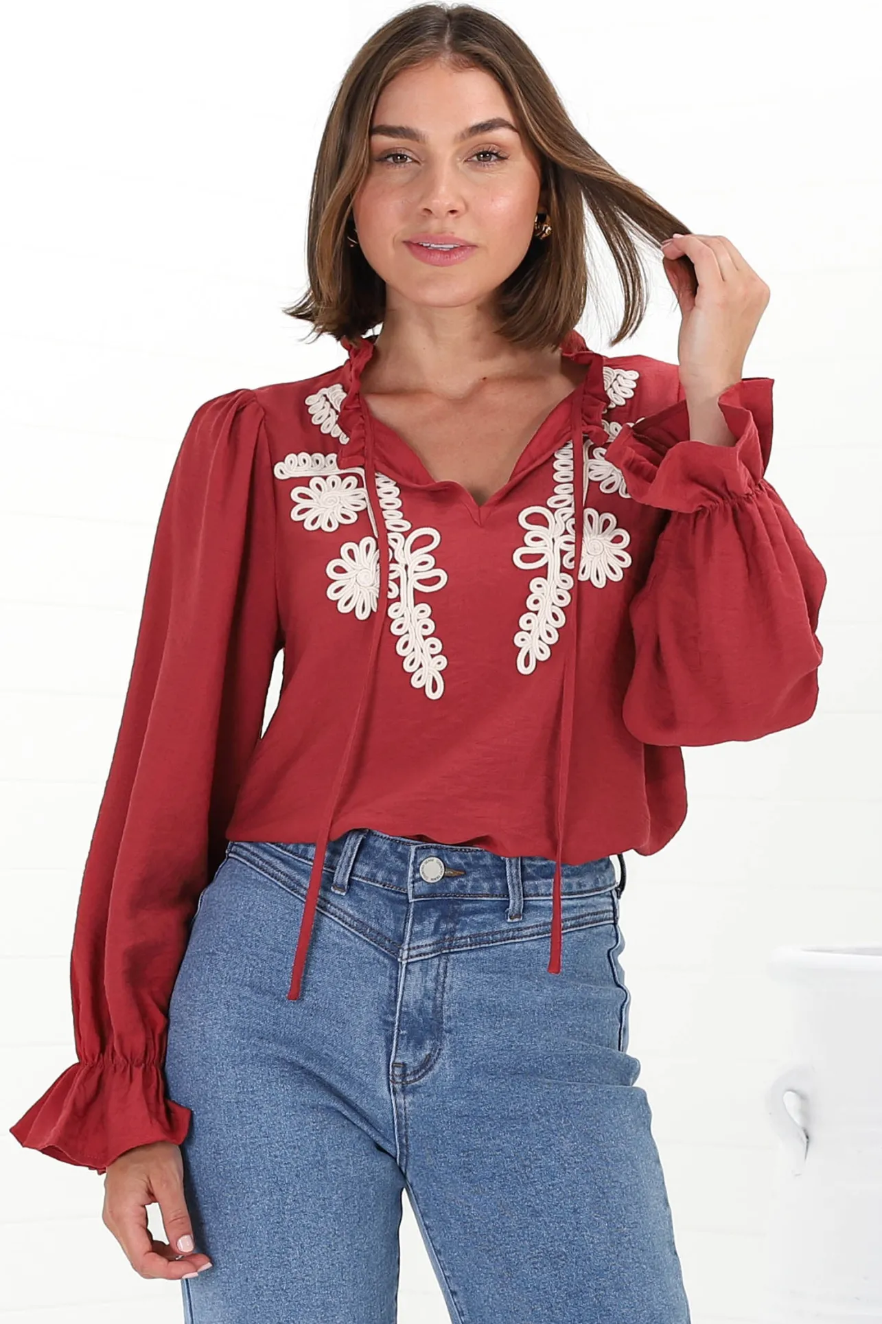 Lucian Blouse - Frill Neckline Pull Over Floral Decal Blouse in Red>Salty Crush Discount