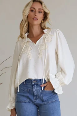 Lucian Blouse - Frill Neckline Pull Over Floral Decal Blouse in Cream>Salty Crush Sale