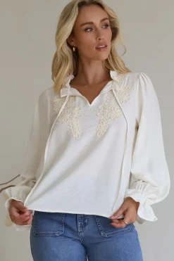 Lucian Blouse - Frill Neckline Pull Over Floral Decal Blouse in Cream>Salty Crush Sale