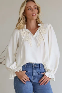 Lucian Blouse - Frill Neckline Pull Over Floral Decal Blouse in Cream><noscript><img width=
