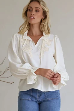 Lucian Blouse - Frill Neckline Pull Over Floral Decal Blouse in Cream><noscript><img width=