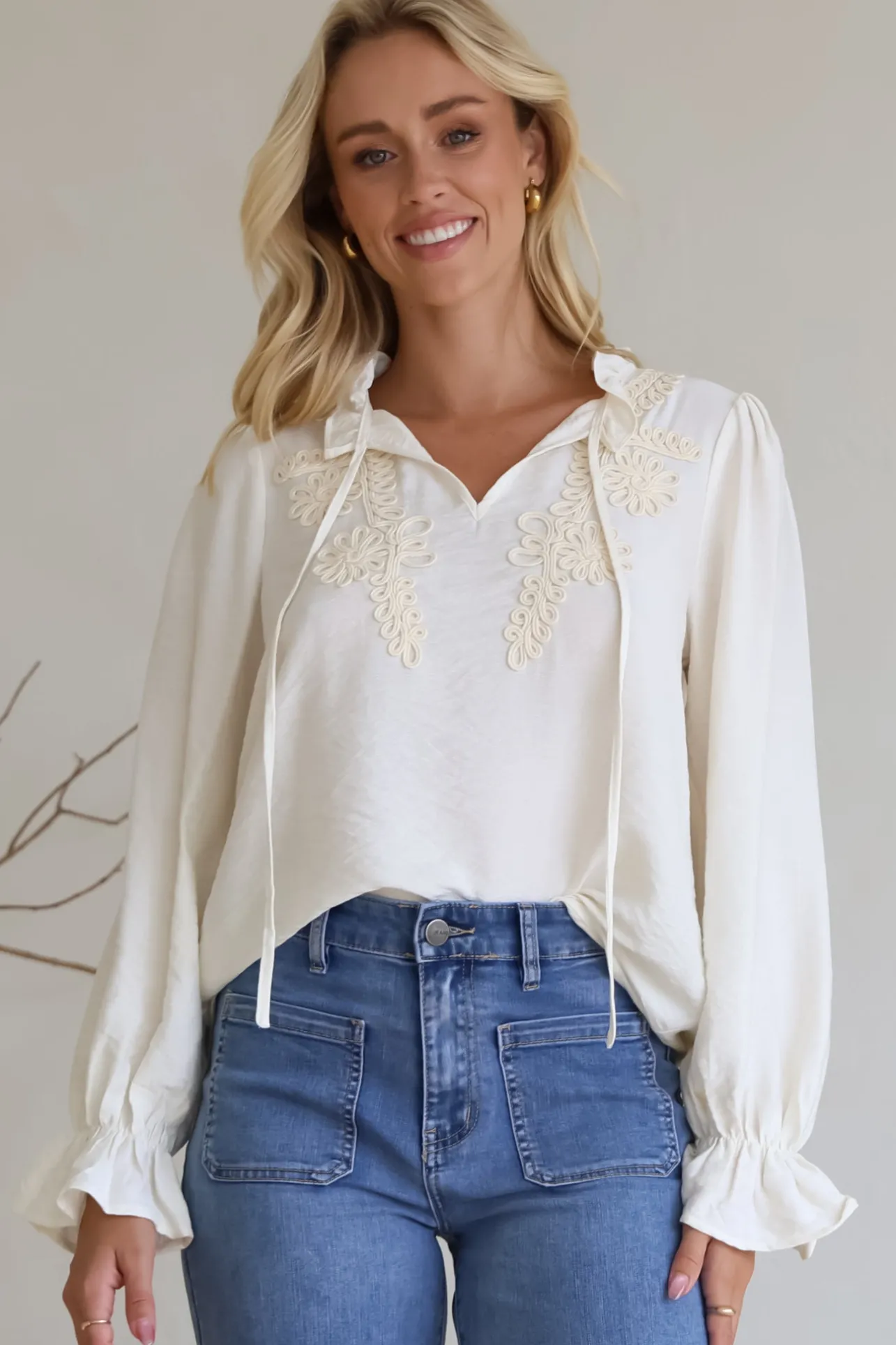 Lucian Blouse - Frill Neckline Pull Over Floral Decal Blouse in Cream>Salty Crush Sale