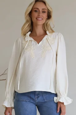 Lucian Blouse - Frill Neckline Pull Over Floral Decal Blouse in Cream><noscript><img width=