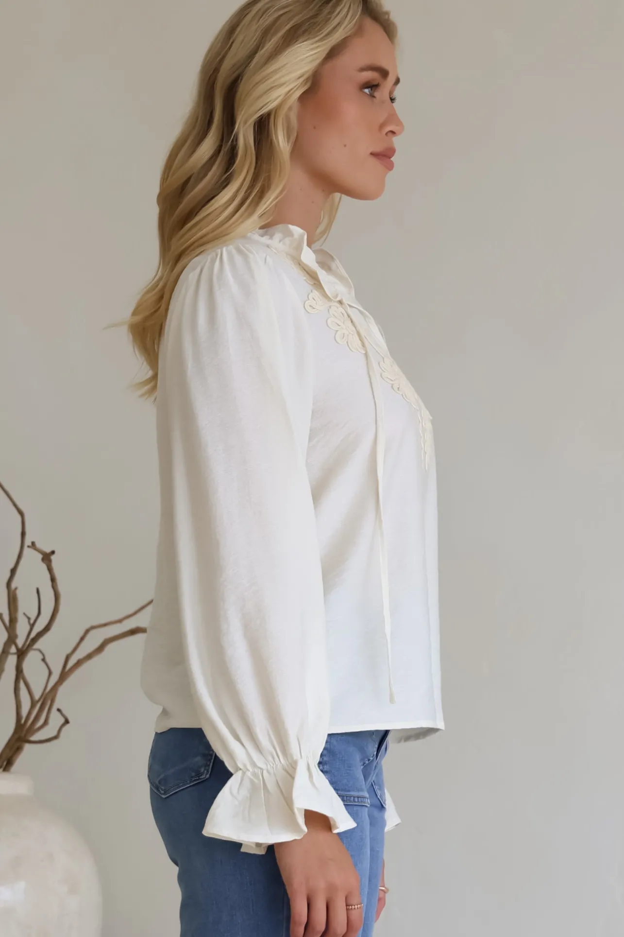 Lucian Blouse - Frill Neckline Pull Over Floral Decal Blouse in Cream>Salty Crush Sale