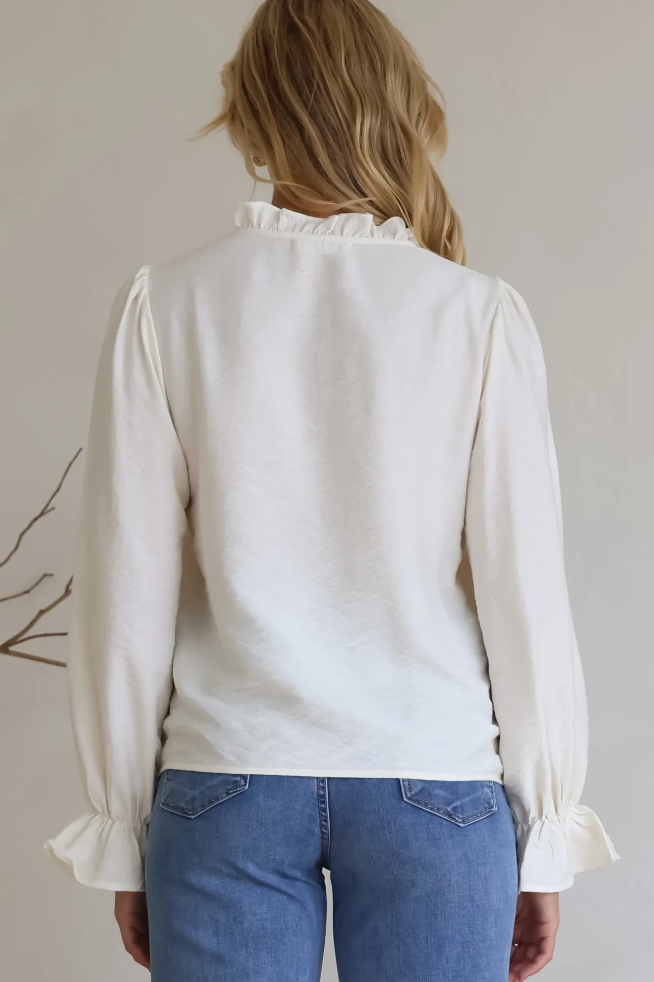 Lucian Blouse - Frill Neckline Pull Over Floral Decal Blouse in Cream>Salty Crush Sale
