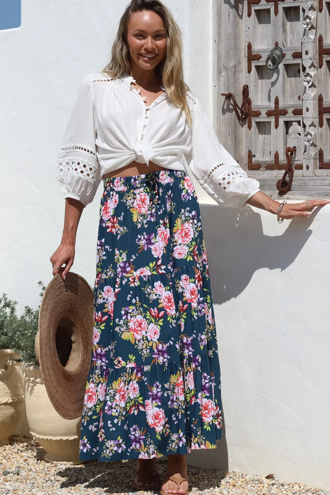 Lucien Maxi Skirt - High Waisted Tiered Skirt in Virginia Print Navy>Salty Crush Hot