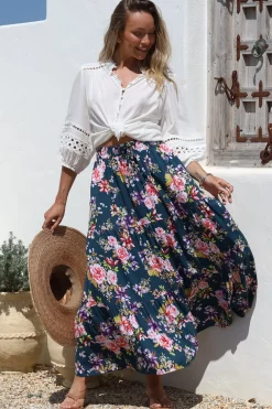 Lucien Maxi Skirt - High Waisted Tiered Skirt in Virginia Print Navy>Salty Crush Hot
