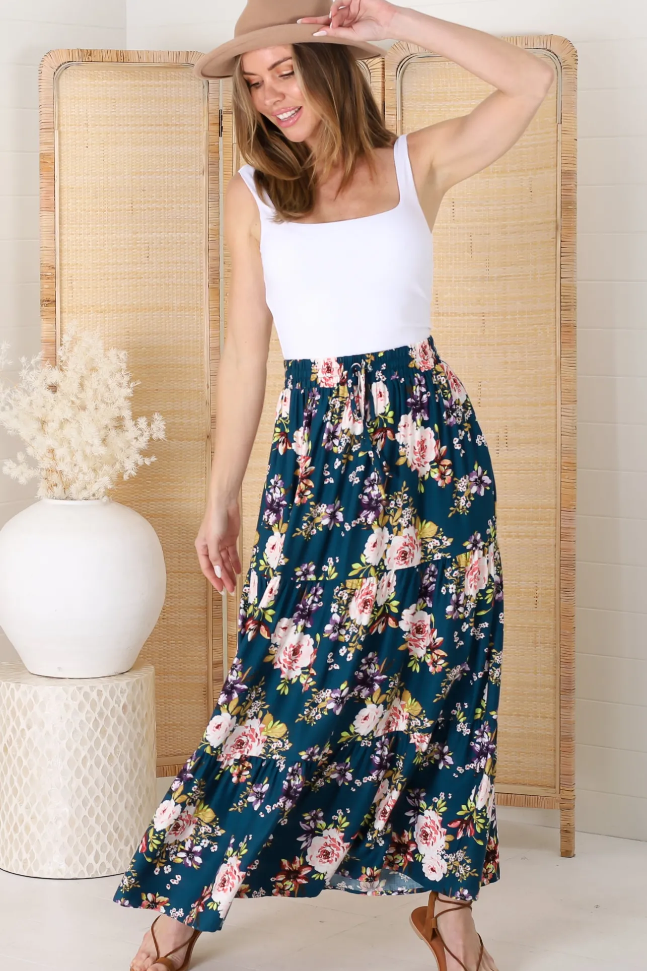 Lucien Maxi Skirt - High Waisted Tiered Skirt in Virginia Print Navy>Salty Crush Hot
