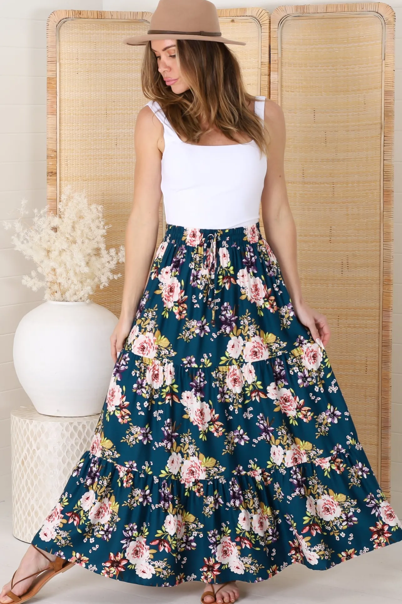 Lucien Maxi Skirt - High Waisted Tiered Skirt in Virginia Print Navy>Salty Crush Hot