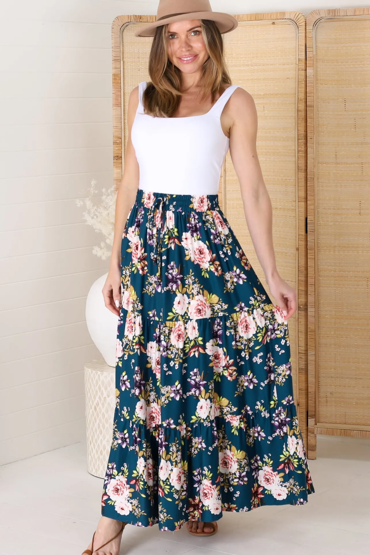 Lucien Maxi Skirt - High Waisted Tiered Skirt in Virginia Print Navy>Salty Crush Hot