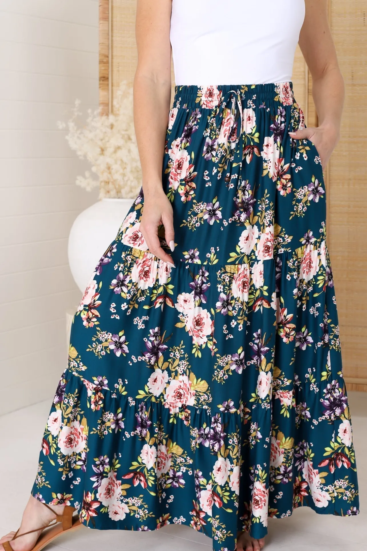 Lucien Maxi Skirt - High Waisted Tiered Skirt in Virginia Print Navy>Salty Crush Hot