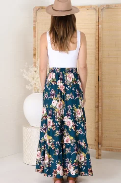 Lucien Maxi Skirt - High Waisted Tiered Skirt in Virginia Print Navy><noscript><img width=
